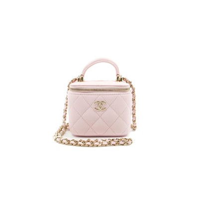 CHANEL MINI TOP HANDLE VANITY WITH CHAIN LIGHT PINK LAMBSKIN GOLD HARDWARE  (10*9*7cn)